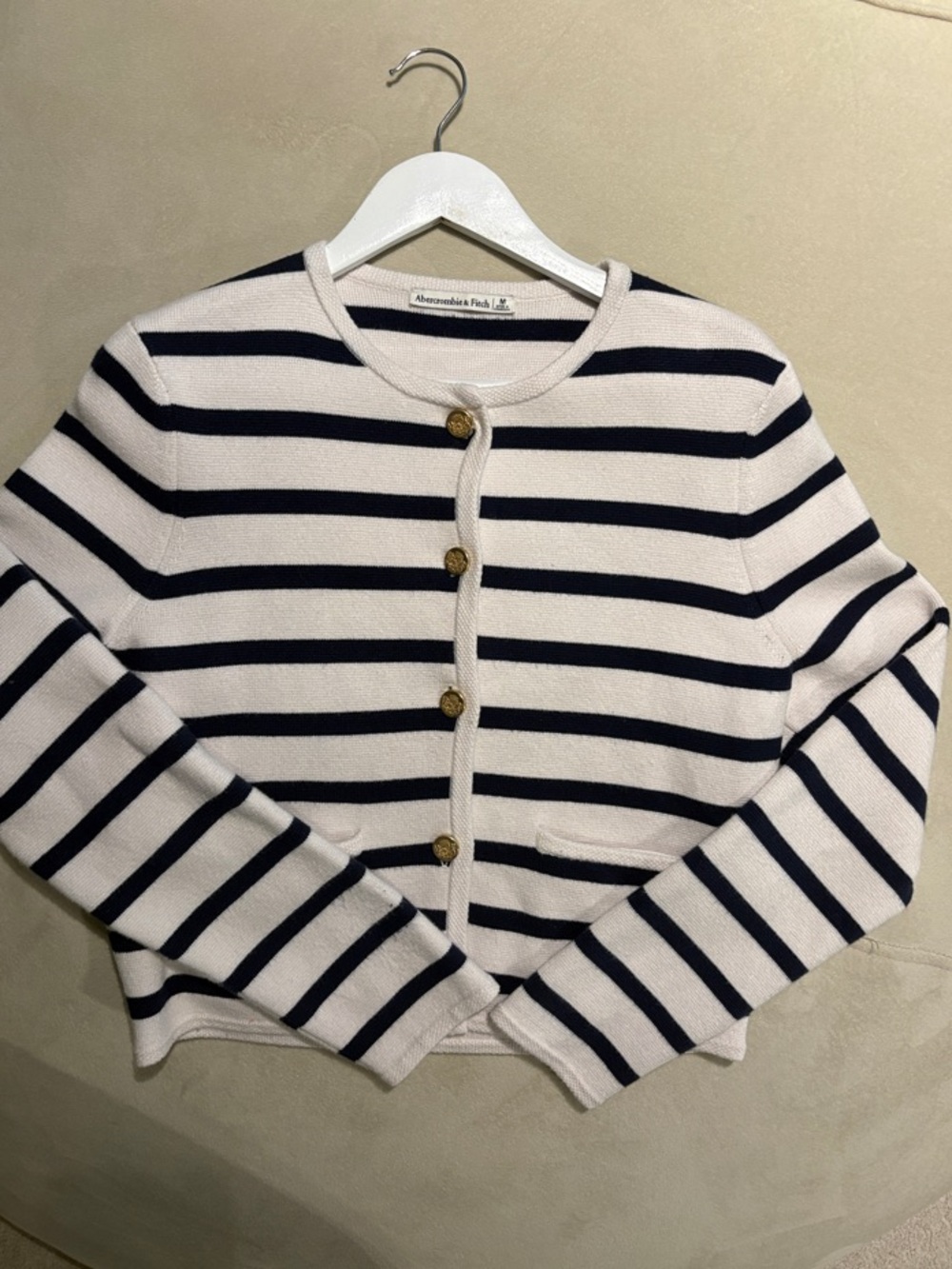 Abercrombie & Fitch Navy and White Striped Crewneck Cardigan